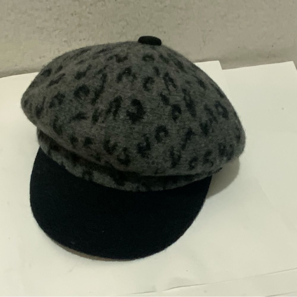Adora Gray Black Leopard Print Black Elastic Band 100% Wool Beret One Size